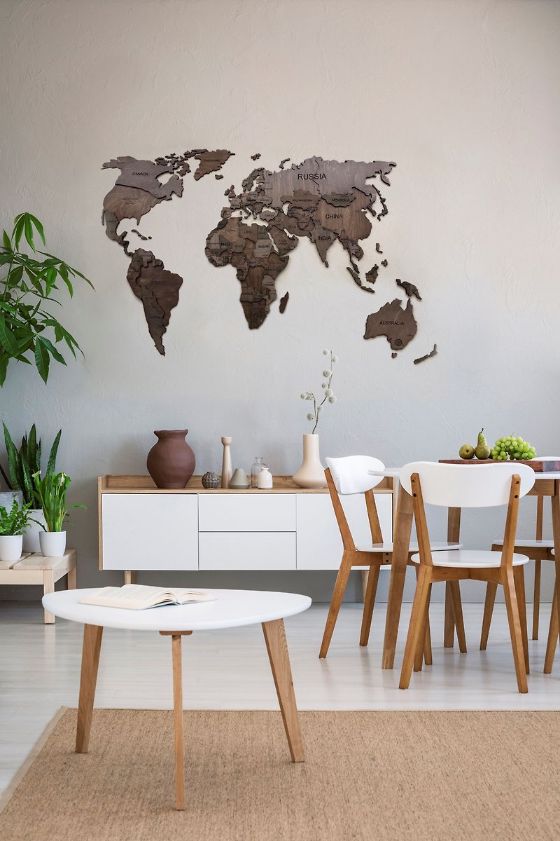 3D dark wood world travel map - Rustic wall decor for home and office - 牆貼/牆身裝飾 - 木頭 咖啡色