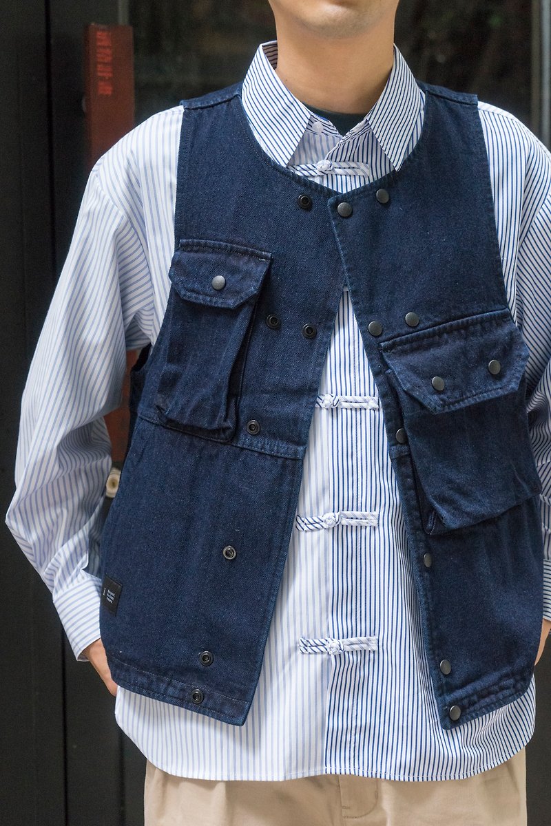 VEST Japanese trendy denim outdoor multi-pocket vest American retro VINTAGE work vest - Men's Tank Tops & Vests - Cotton & Hemp Blue