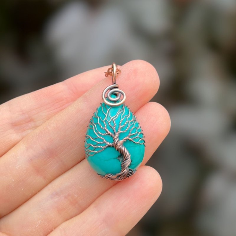 Turquoise Tree Of Life Pendant Necklace, 7th Anniversary Gift for Her/Him - Necklaces - Other Metals Blue