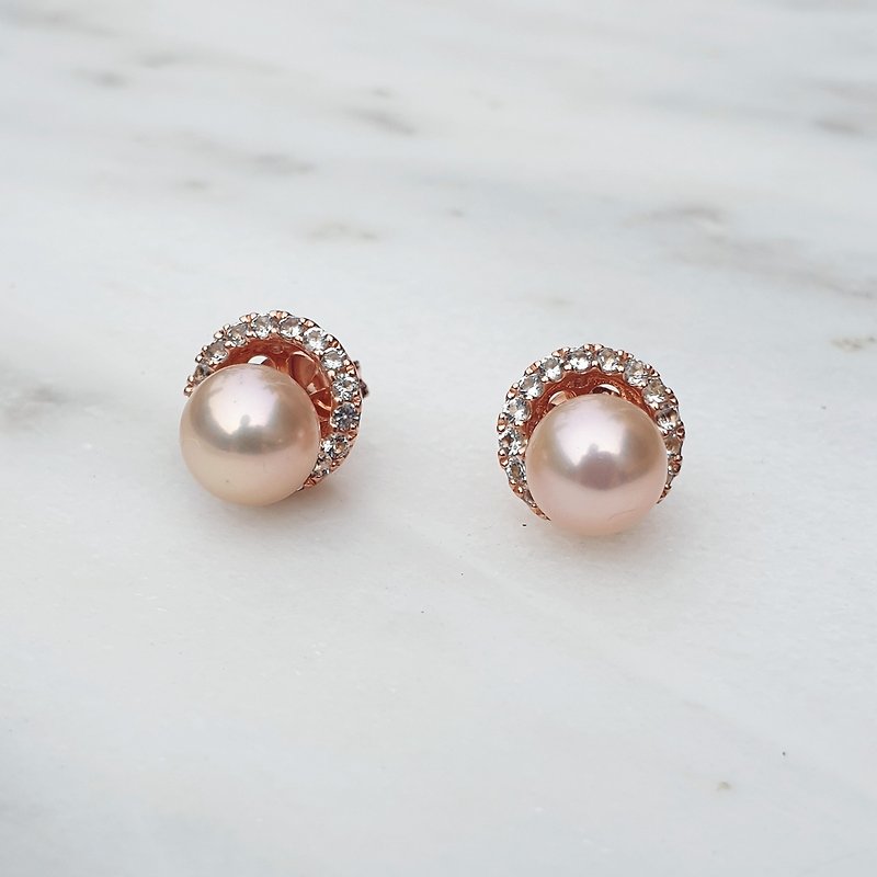 pearl earrings with white topaz jacket in silver 925 rose gold plated - 耳環/耳夾 - 寶石 粉紅色