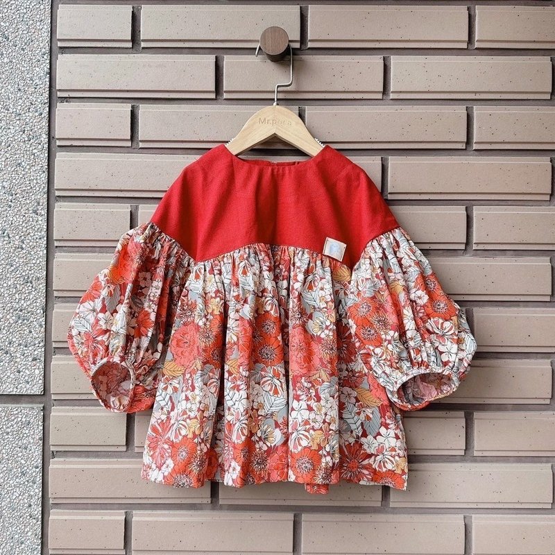 Secret Garden Red - Puff Sleeve Top - Skirts - Cotton & Hemp Multicolor