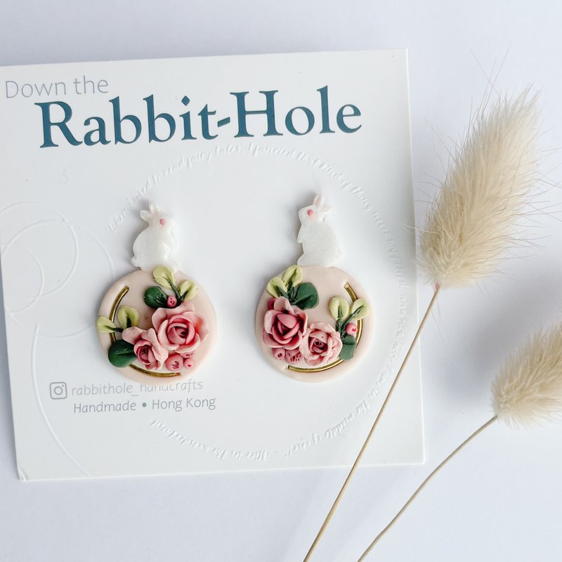 Luna Rabbit | Rose Garden, Handmade Polymer Clay Earrings - Earrings & Clip-ons - Clay Pink