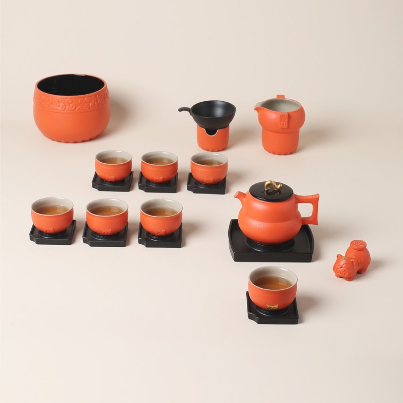 【陸寶LOHAS 】福瑞呈祥茶禮-吉祥橙 全套茶席 - 茶壺/茶杯/茶具 - 陶 橘色