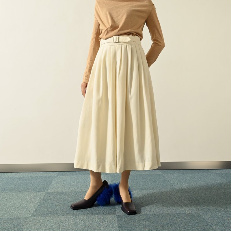 【NaSuBi Vintage】Solid color thin fur high waist pleated vintage long skirt - Skirts - Wool 