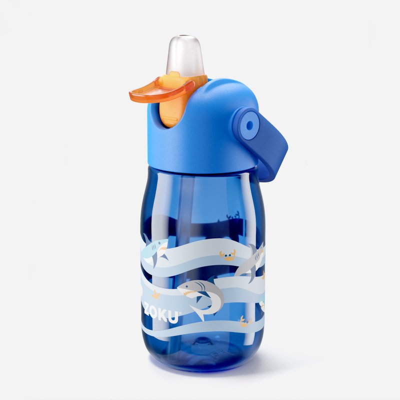 ZOKU Kids Flip Straw Bottle 400ml - Blue Shark Straw Cleaning Brush Included - Pitchers - Silicone Blue