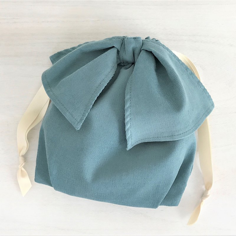 Light Corduroy Asymmetry Ribbon Drawstring Pouch Blue Green - Toiletry Bags & Pouches - Cotton & Hemp Blue