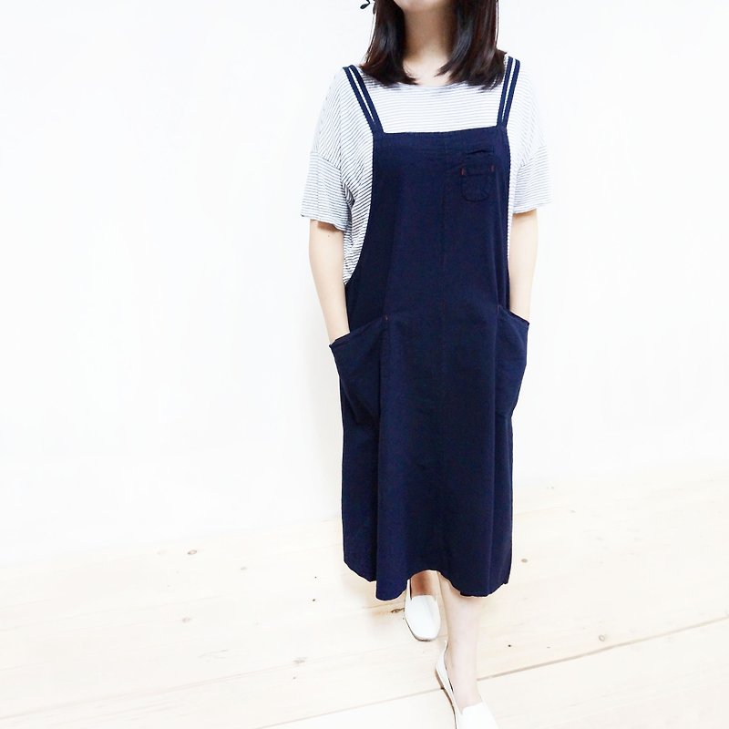 Cotton double pocket one-piece dress / dark blue - One Piece Dresses - Cotton & Hemp Blue