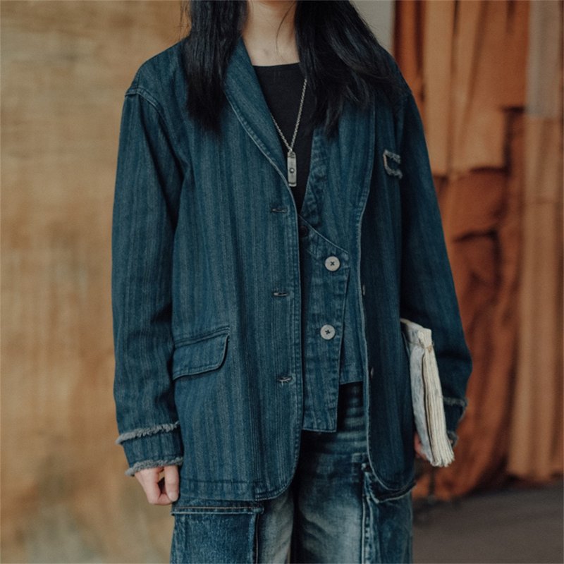 靛藍牛仔藍 復古條紋全棉毛邊青果領牛仔西裝外套 水洗毛邊做舊 - 女大衣/外套 - 棉．麻 藍色