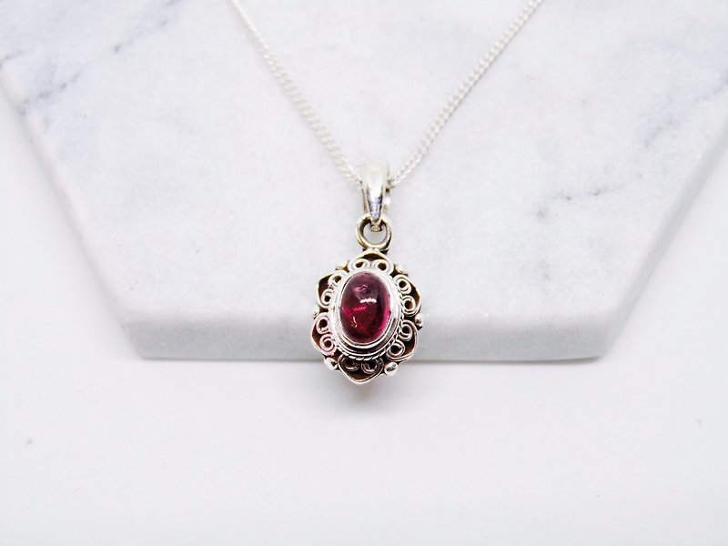 Red tourmaline 925 sterling silver necklace, Nepal handmade inlaid lace making birthday gift Valentine's gift - Necklaces - Gemstone Silver