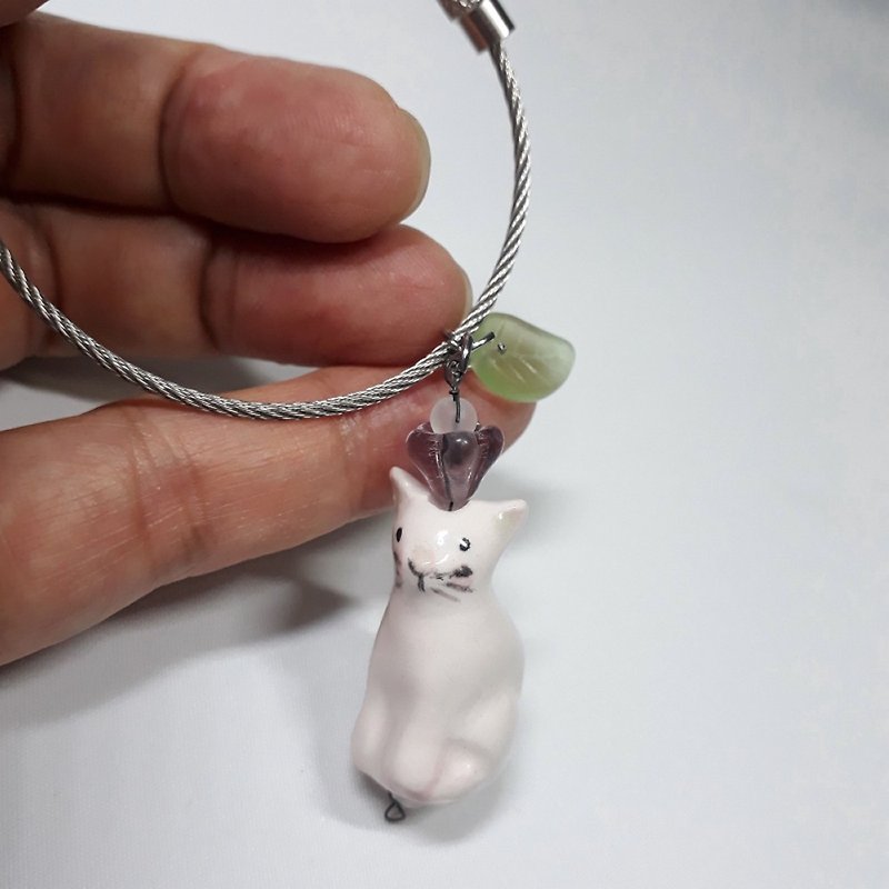 cute cat key rings bag charms ceramic cat - Keychains - Porcelain White