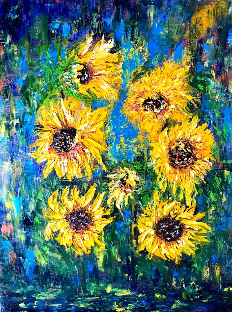Sunflowers original oil impasto style painting on canvas,unique handmade gift - 壁貼/牆壁裝飾 - 其他材質 橘色