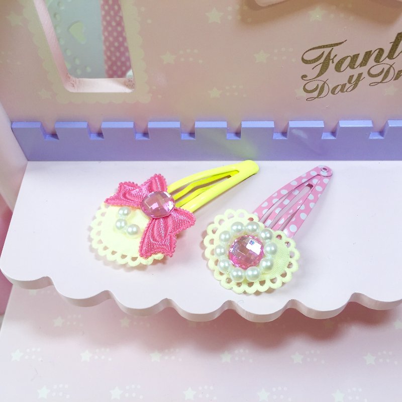 Pink princess hairpin (2 pieces 1 set) ~ bow/love Gemstone(yellow) - Hair Accessories - Other Materials Yellow