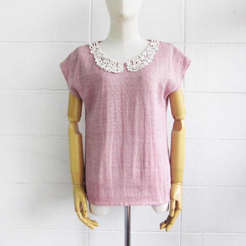Short Sleeve blouses with Lace Collar Botanical Dyed Cotton Pink Color - Women's Tops - Cotton & Hemp Pink