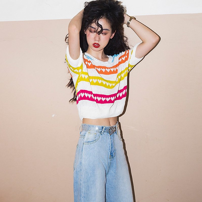 ziziFei thin rainbow striped knitted short-sleeved blouse high waist short thin candy color loose T-shirt - Women's Tops - Other Man-Made Fibers White