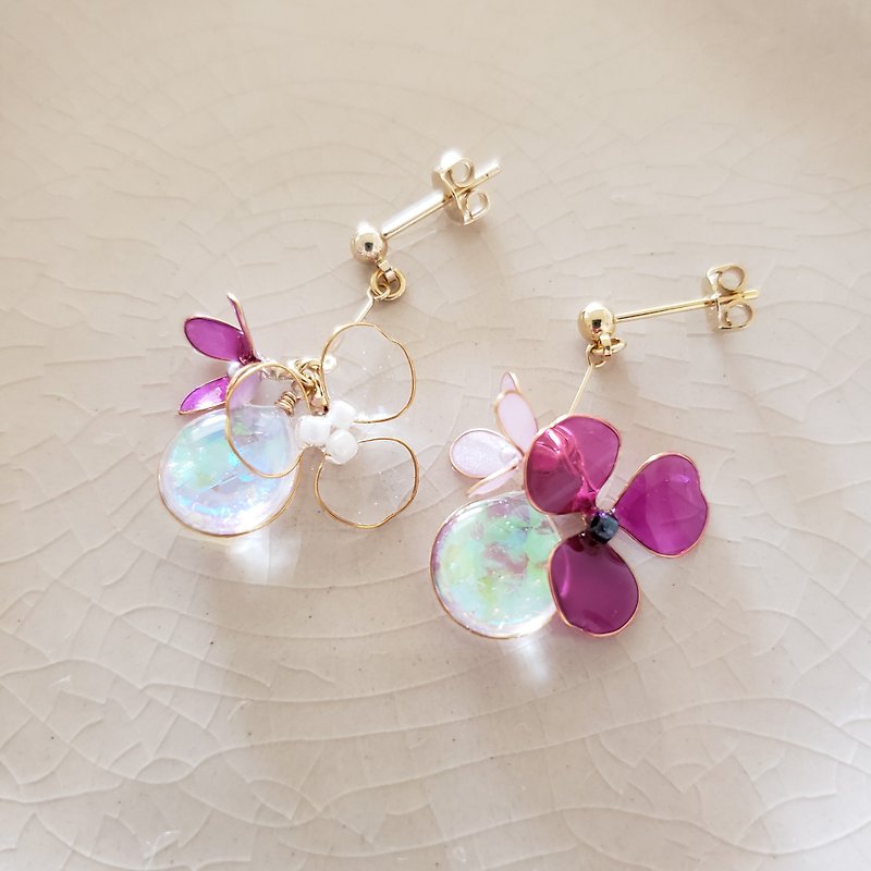 rainbow dew and flowers pierced or clip-on earrings - Earrings & Clip-ons - Resin Purple