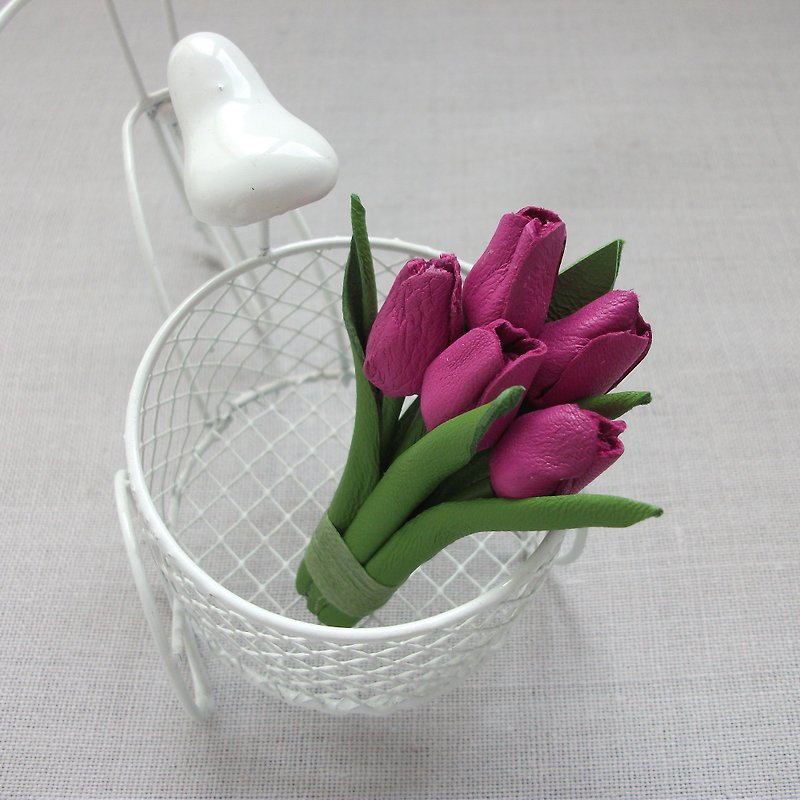 Small brooch made of genuine leather with a bouquet of tulips - Brooches - Genuine Leather Purple