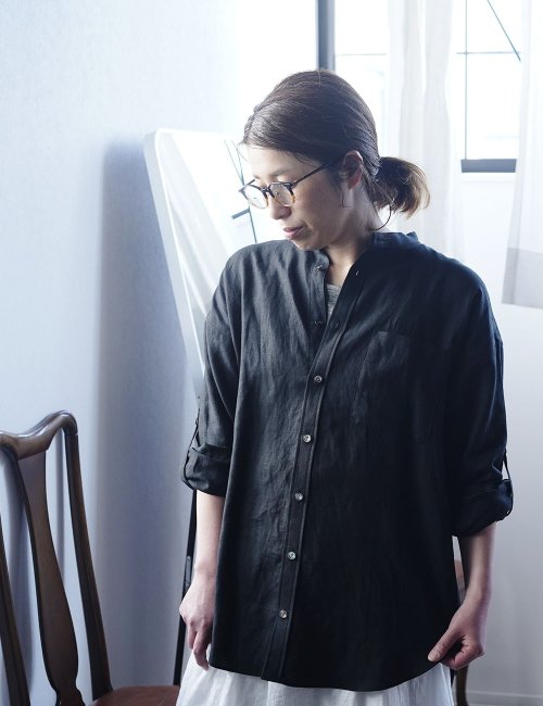 wafu】Linen Shirt スタンドカラー ロールアップシャツ / 黒 t021f