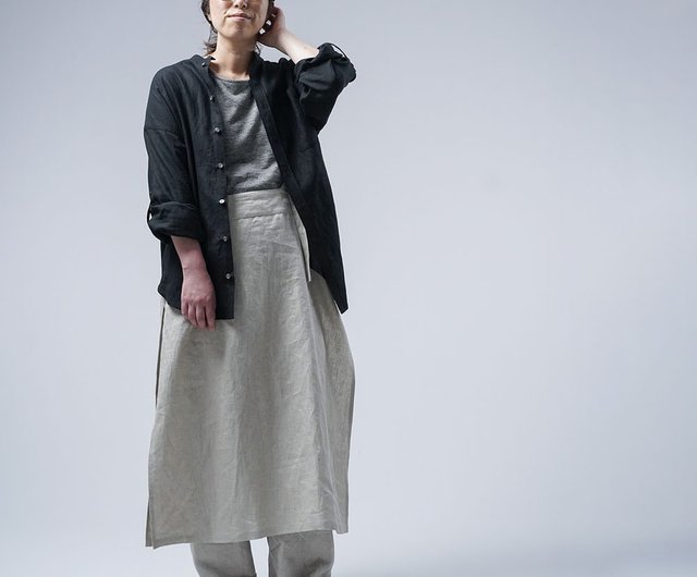 wafu】Linen Shirt スタンドカラーロールアップシャツ/ 黒t021f-bck1