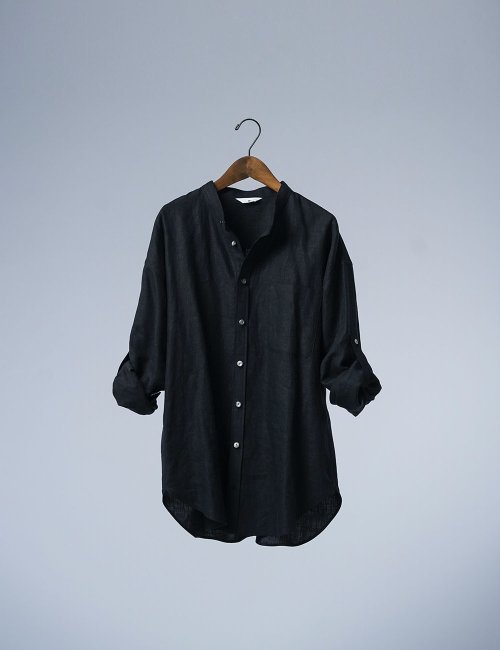 wafu】Linen Shirt スタンドカラー ロールアップシャツ / 黒 t021f