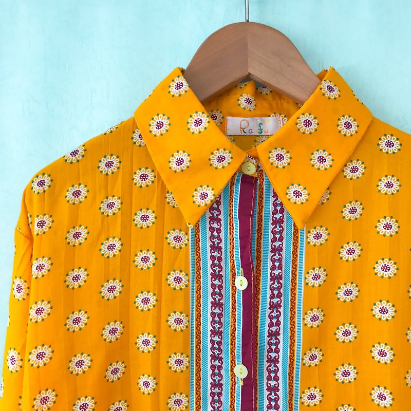 ... {Acorn Girls :: Vintage Tops} Yellow Ethnic Long Sleeve Shirts - เสื้อเชิ้ตผู้หญิง - ผ้าฝ้าย/ผ้าลินิน สีส้ม