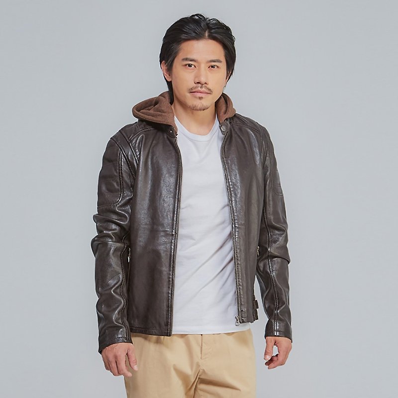 [Germany GIPSY] Rylo Urban Stand Collar Leather Jacket with Hood T-Dark Brown - เสื้อโค้ทผู้ชาย - หนังแท้ สีนำ้ตาล