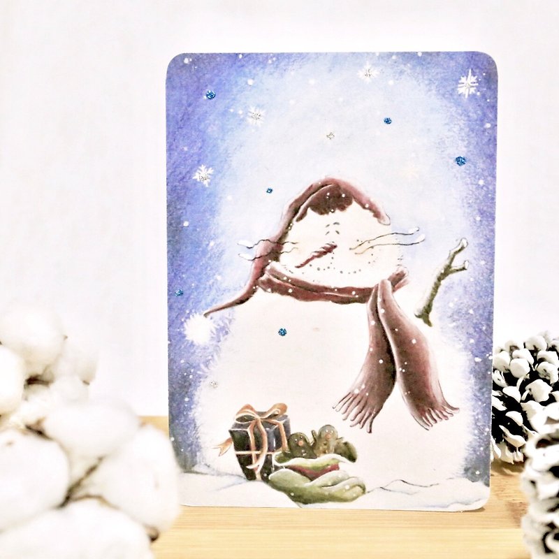 Snowman Jeep Cat (Blue Snow Version) Christmas Card/Postcard with Envelope - Cards & Postcards - Paper Blue