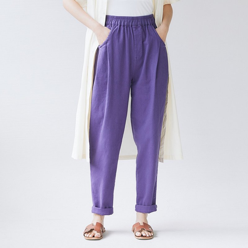 【Simply Yours】Elastic Fit Pleated Trousers Purple F - กางเกงขายาว - ผ้าฝ้าย/ผ้าลินิน สีม่วง