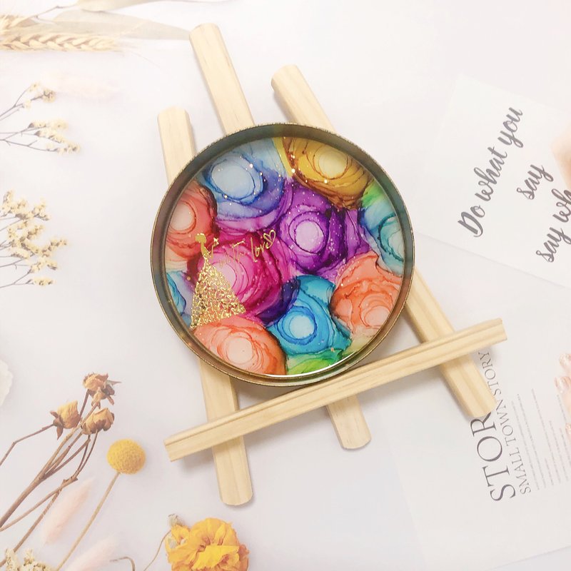 酒精墨水藝術復古金色圓形托盤 - Happiness with love - 擺飾/家飾品 - 其他金屬 多色