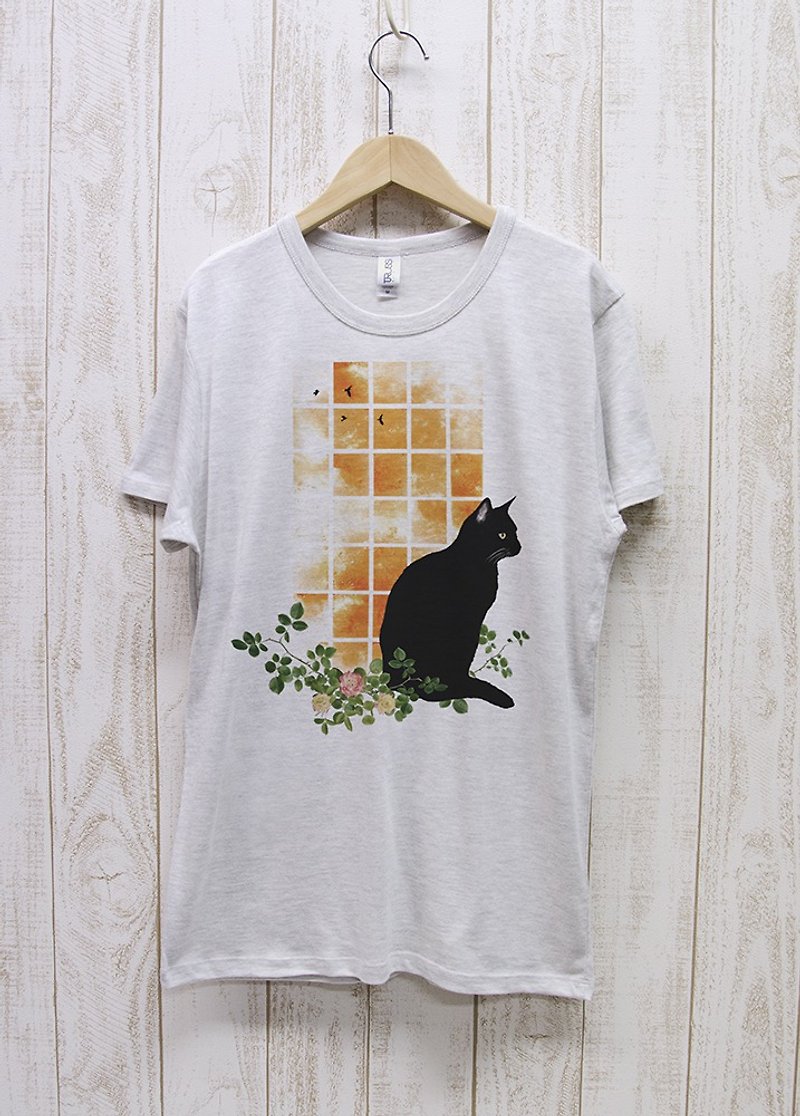 Standing Black Cat Window SUNSET Heather White / R030-TT-HWH - Unisex Hoodies & T-Shirts - Cotton & Hemp White