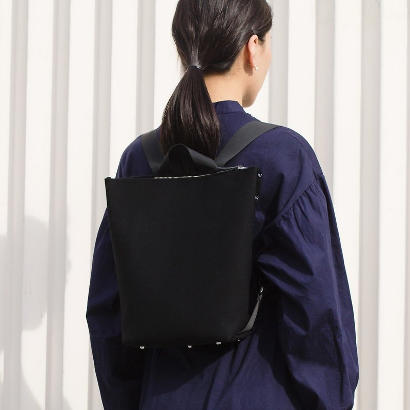 Medium Simple Canvas Backpack - Ink Black Shoulder Handheld Dual Backpack / Travel Backpack / Schoolbag - Backpacks - Cotton & Hemp Black