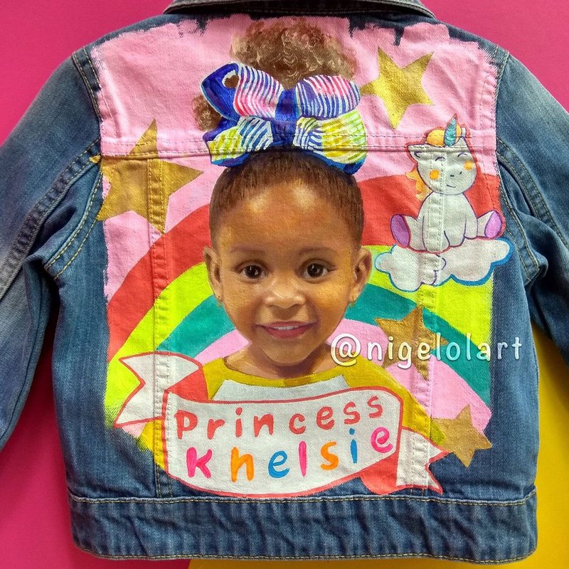 Custom Children Portrait jacket Painted Denim Jacket Handmade jacket - 女大衣/外套 - 棉．麻 多色