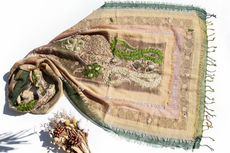 喀什米爾Cashmere/水煮羊毛披肩/針織圍巾/刺繡圍巾/羊絨披巾-花 - 圍巾/披肩 - 羊毛 綠色