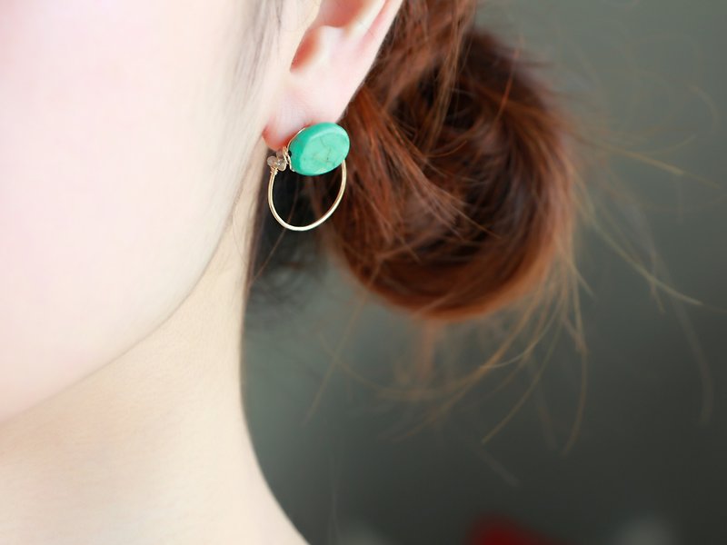 14kgf- turquoise hoop pierced earrings - 耳環/耳夾 - 寶石 藍色