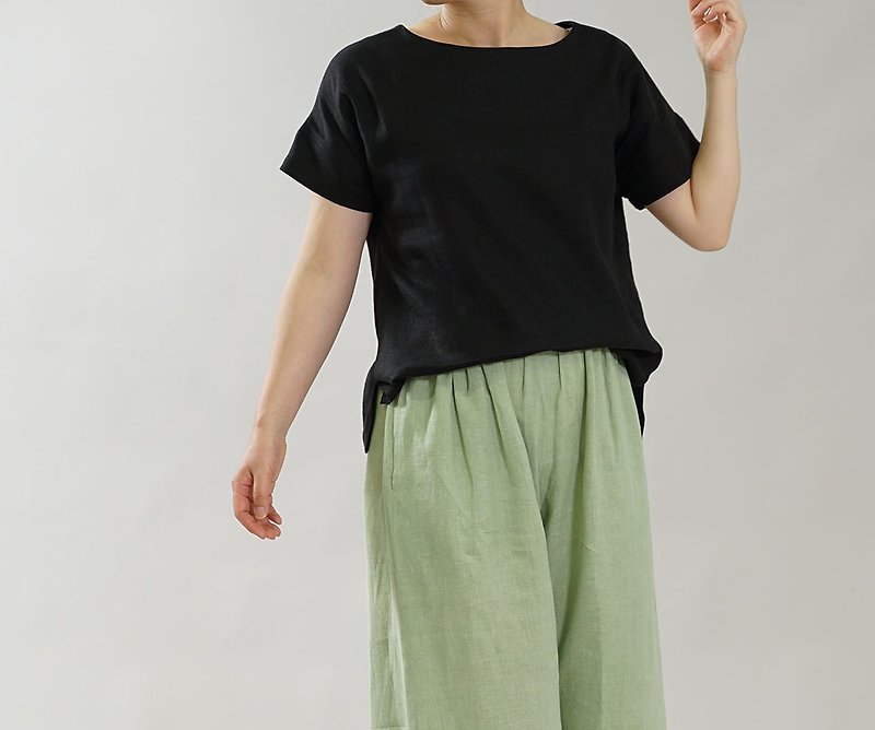 wafu Linen tee / tops / blouse / short sleeves / black t001f-bck2 - Women's T-Shirts - Cotton & Hemp Black