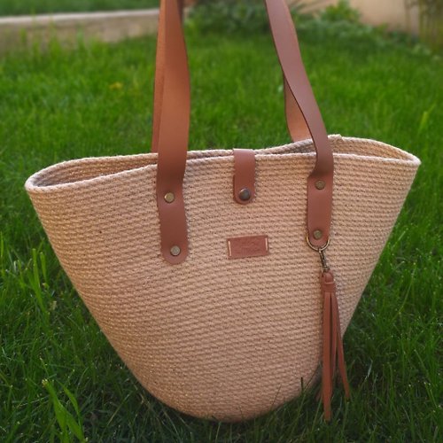 EcoJuteUA Market Bag Jute tote bag Shopping bag Rope Bag French basket bag Straw Beach Bag