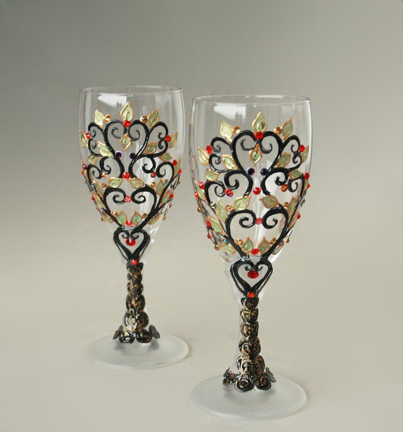 Tree of Life Wine Glasses Swarovski Crystals Retro Glasses hand Painted set of 2 - Bar Glasses & Drinkware - Glass Gold