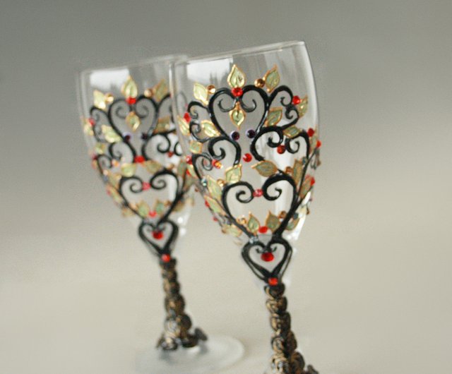 Tree of Life Wine Glasses Swarovski Crystals Retro Glasses hand Painted set  of 2 - Shop NeA Glass Bar Glasses & Drinkware - Pinkoi