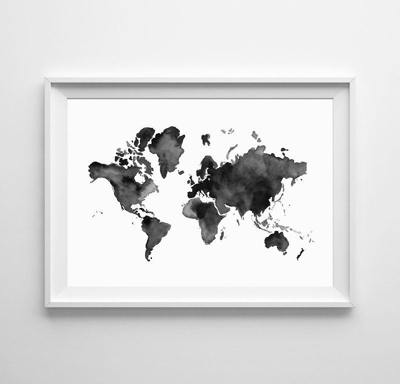 World map watercolor print black (2)可客製化 掛畫 海報 - 壁貼/牆壁裝飾 - 紙 