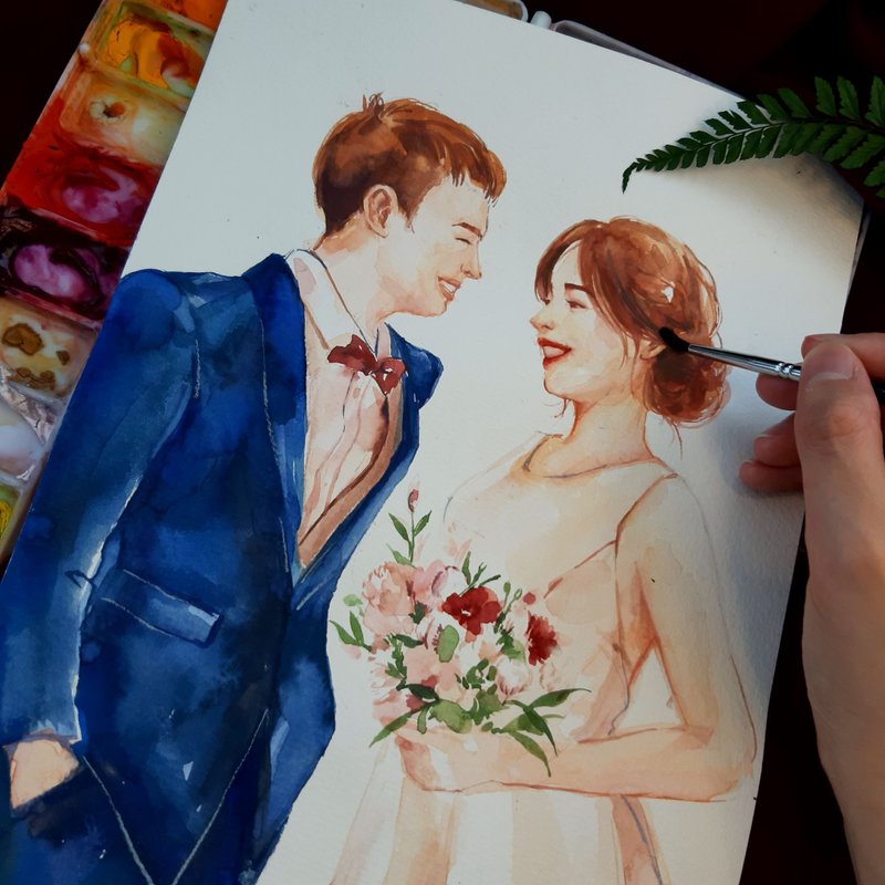 Watercolor custom-made facial expression portrait wedding character hand-painted wedding book appointment gift box - Marriage Contracts - Paper 