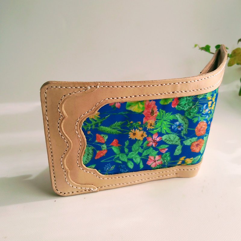 Genuine cowlether - hand-sewn - bi-fold wallet with Liberty blue-floralーdouble - Wallets - Genuine Leather Blue