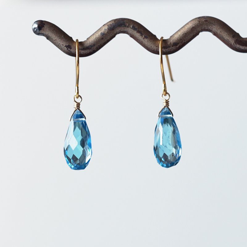 14KGF High Quality Swiss Blue Topaz Briolette Drop Cut Earrings Natalie - ต่างหู - เครื่องเพชรพลอย สีน้ำเงิน