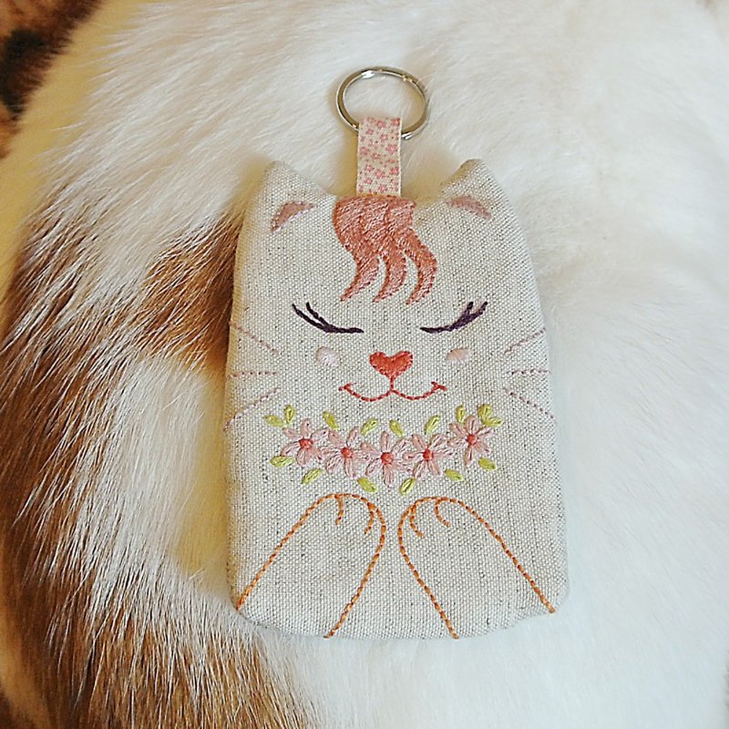 ロマンチックな花束の猫の女の子のチケットのカードセット - パスケース - コットン・麻 ピンク
