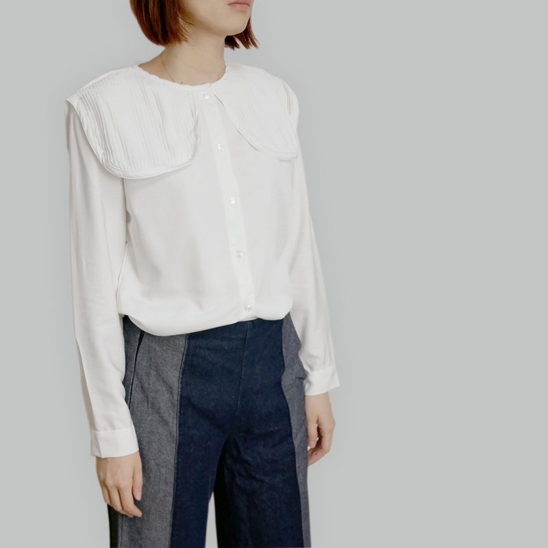 Pleated Wide Collar Cotton Tencel Shirt - Women's Tops - Cotton & Hemp White