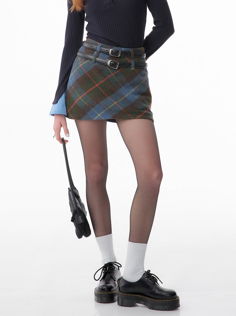 ziziFei autumn and winter American retro high-waisted slim a-line Teal plaid short fur plaid skirt for women - กระโปรง - วัสดุอื่นๆ สีน้ำเงิน