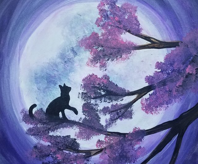 月の絵、木の芸術、夜の絵、風景画、猫の絵 - ショップ ArtGil