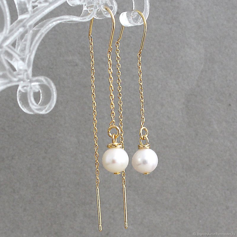 Natural Pearl Threader Earrings, White Pearl Chain Earrings,  pearl drop earring - 耳環/耳夾 - 珍珠 金色