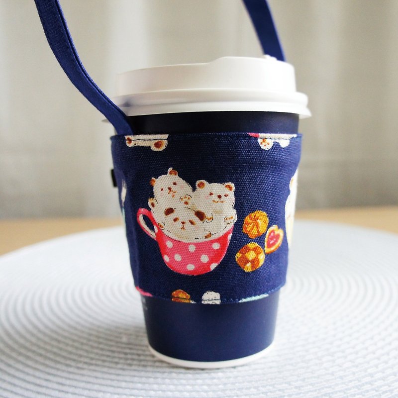 Lovely【日本布】小熊拉花咖啡飲料杯袋、提袋、環保杯套、深藍 - 杯袋/飲料提袋 - 棉．麻 藍色