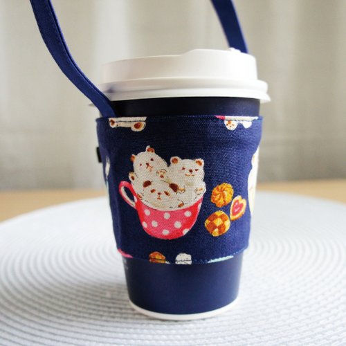 Lovely 樂芙妮 Lovely【日本布】小熊拉花咖啡飲料杯袋、提袋、環保杯套、深藍