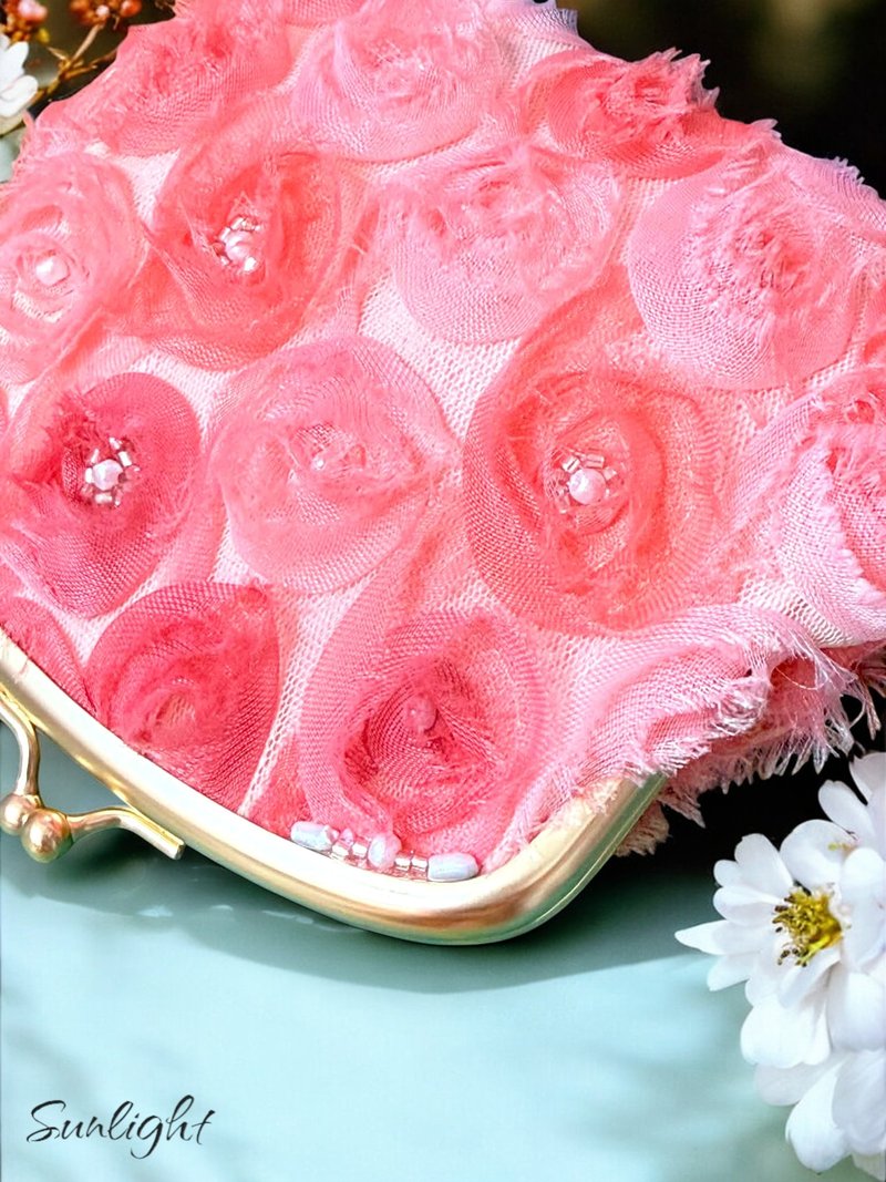 日光小巷手做 浪漫玫瑰網紗子母口金包 手做包 萬用包 短夾 錢包 - 錢包/皮夾/長短夾 - 棉．麻 