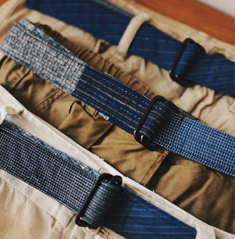 Handmade patchwork belt homespun canvas hand woven blue dyed cloth metal square buckle male and female unisex couple - เข็มขัด - ผ้าฝ้าย/ผ้าลินิน สีน้ำเงิน